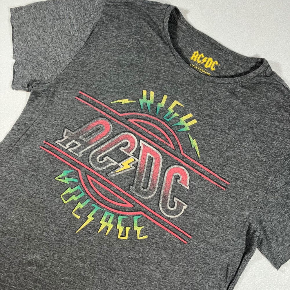 Vintage-Style AC/DC High Voltage Graphic Tee Charcoal Gray M Raw Hem Hard Rock